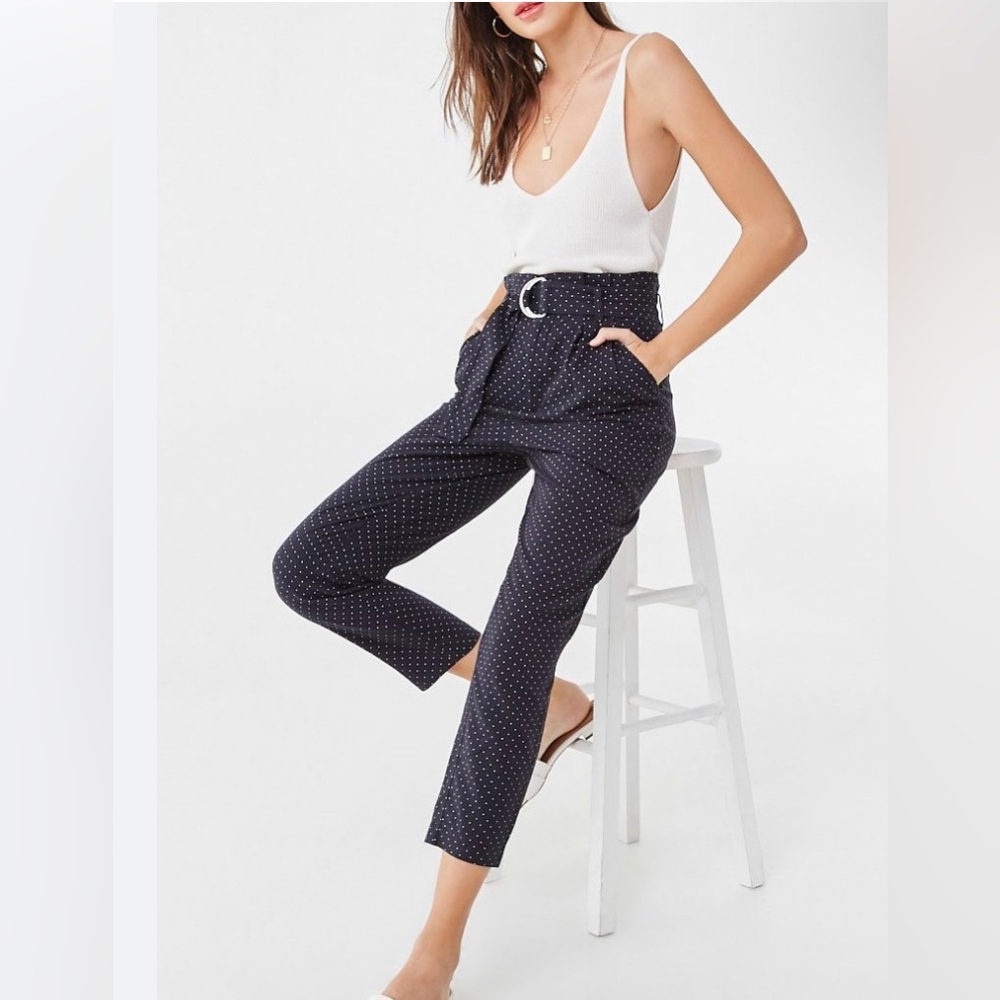 Forever 21 Navy Polka Dot Belted Pants Size Small